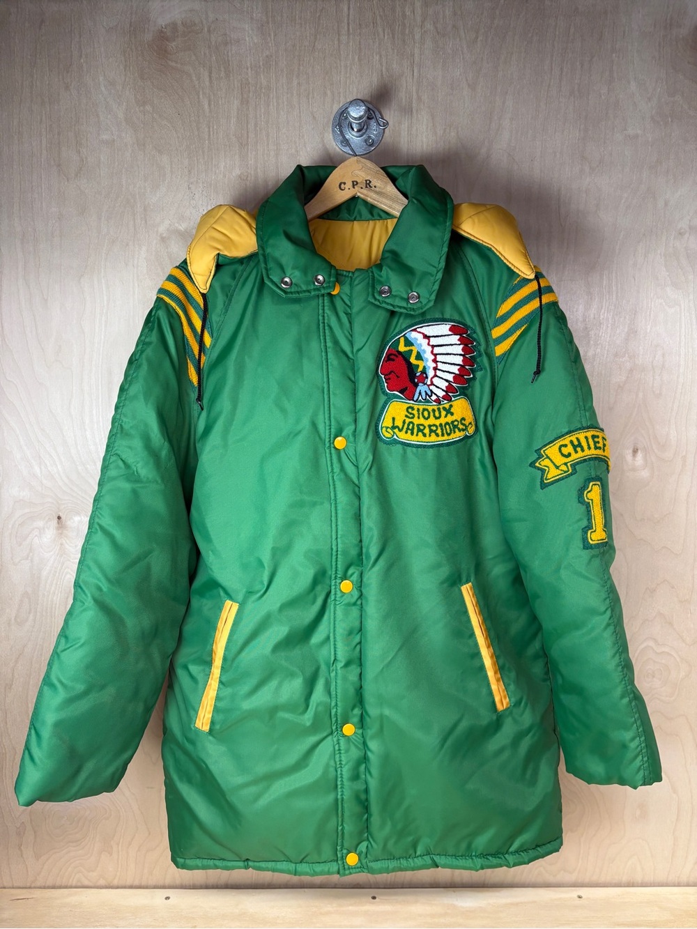 Vintage Green and Yellow Sioux Warriors Puffer Jacket